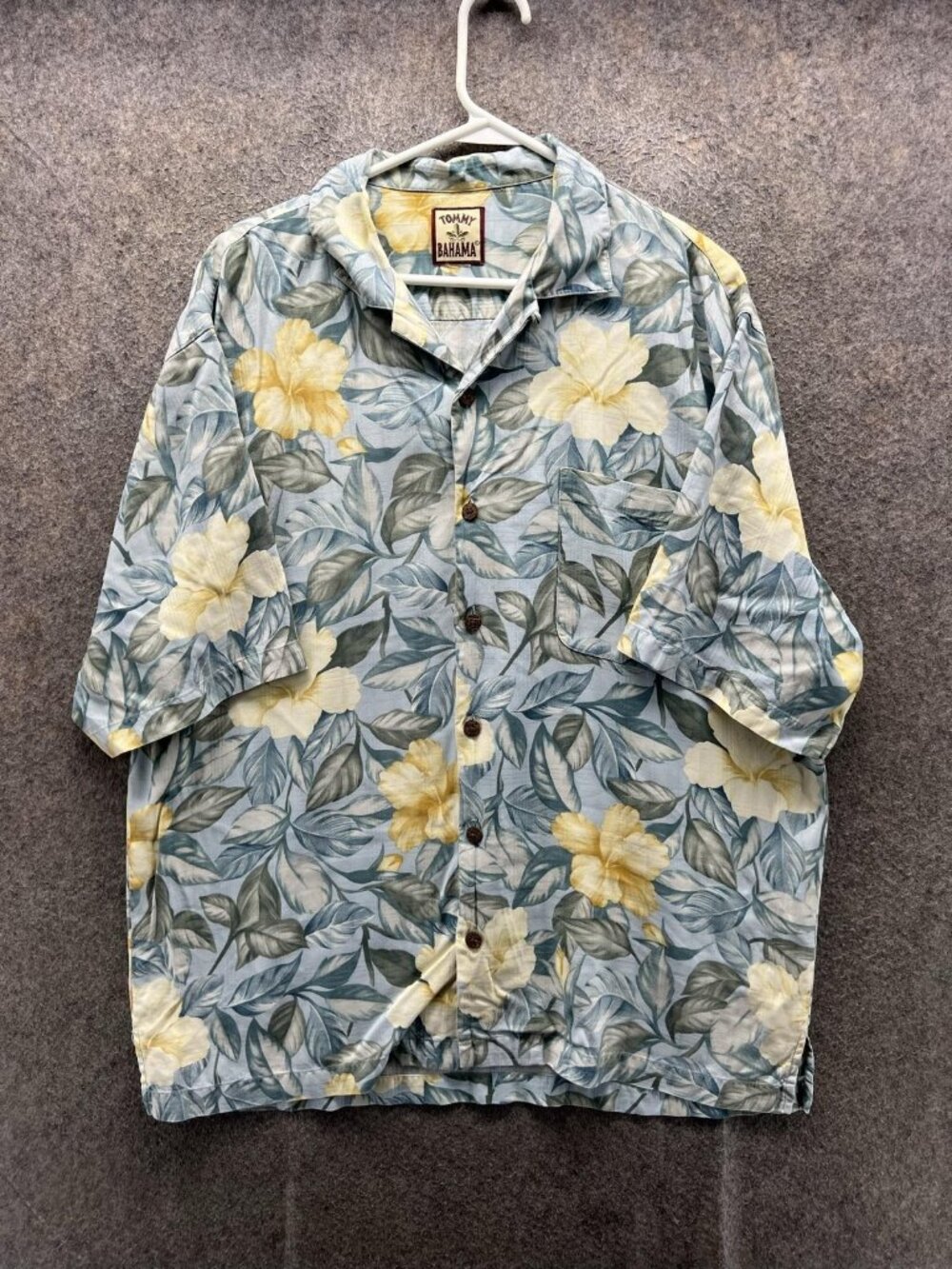 Tommy Bahama Light Blue Floral Camp Shirt with Yellow Blooms